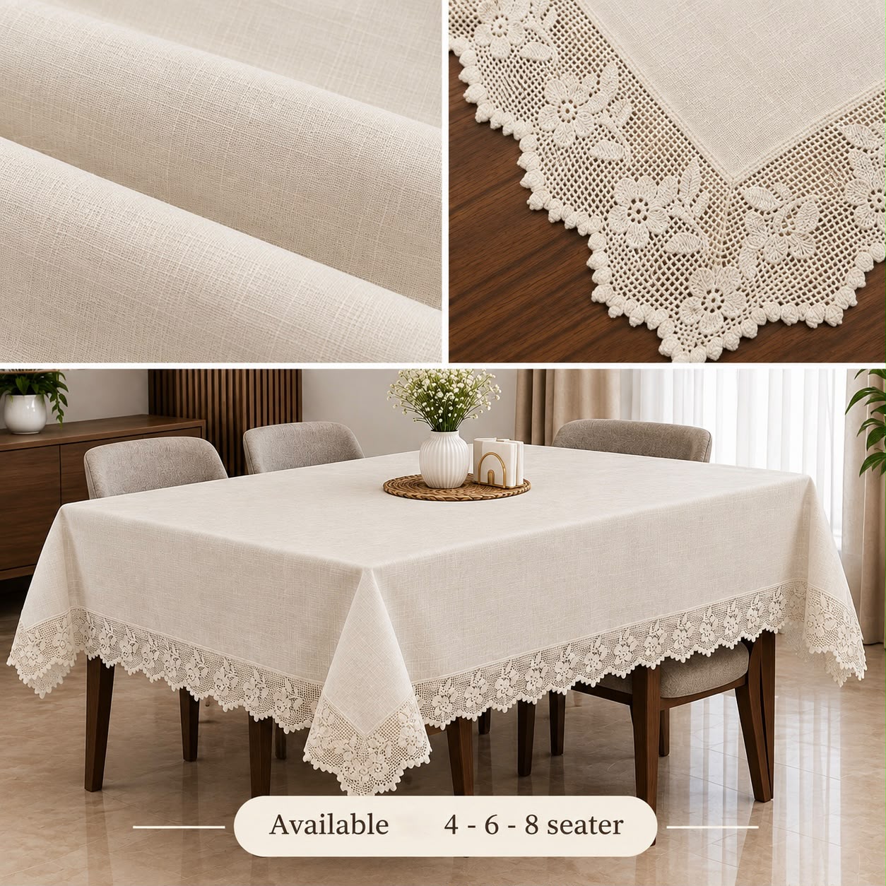 Pure Linen Lace Dining Table Cover 4, 6 & 8 Seater Dining Sheet