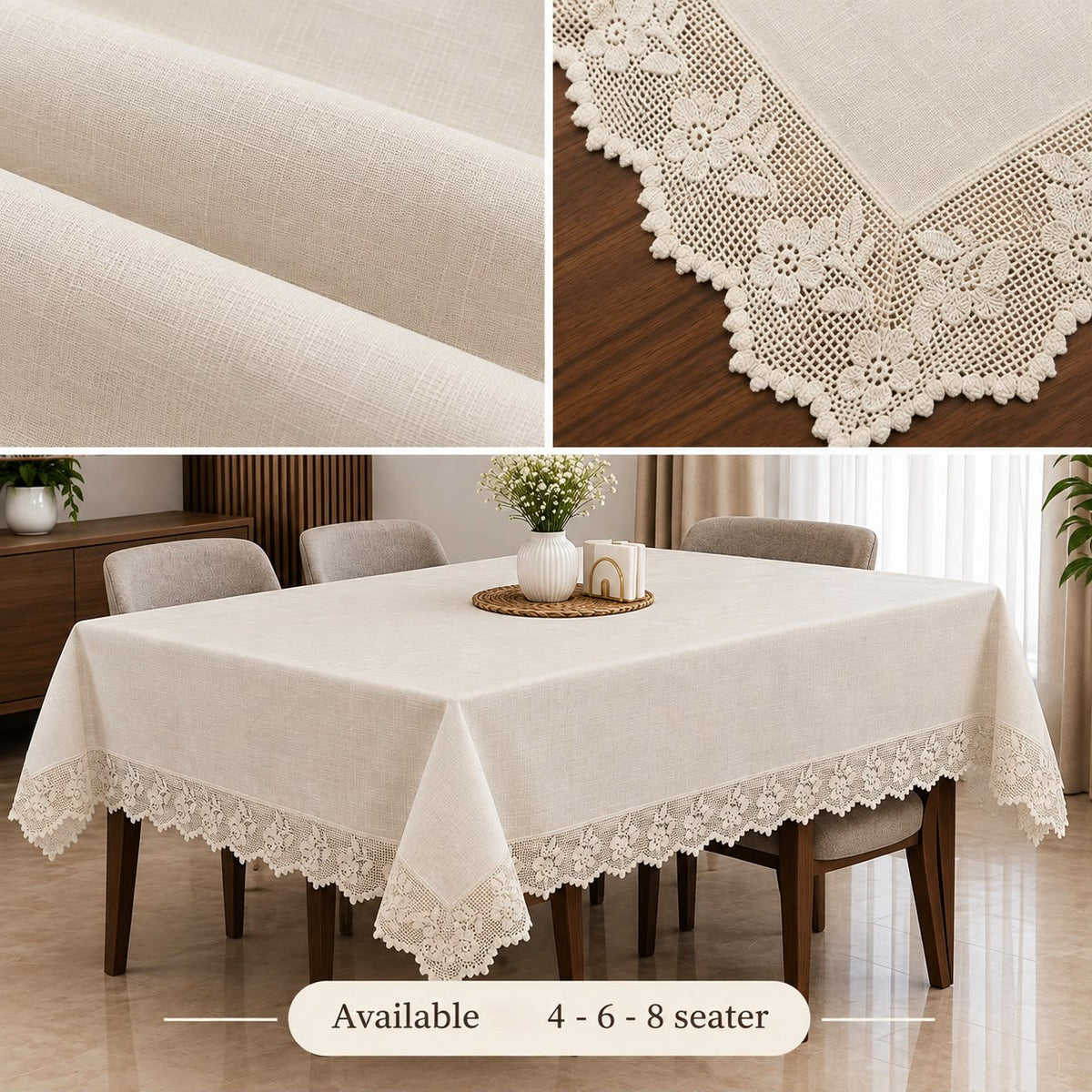 Pure Linen Lace Dining Table Cover 4, 6 & 8 Seater Dining Sheet