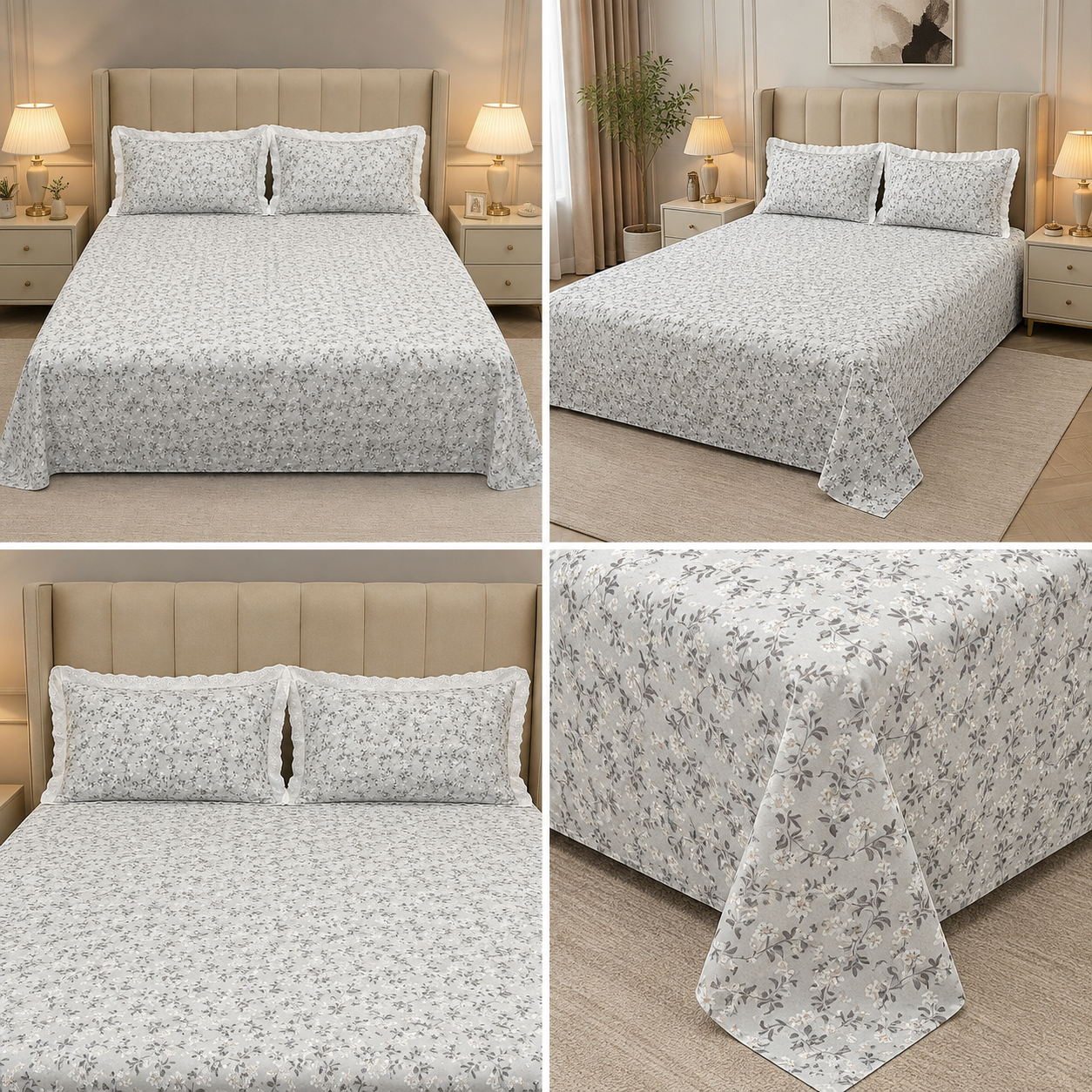 English Floral Print King Size Bedsheet with Lace Pillow Covers – 250 × 270 cm