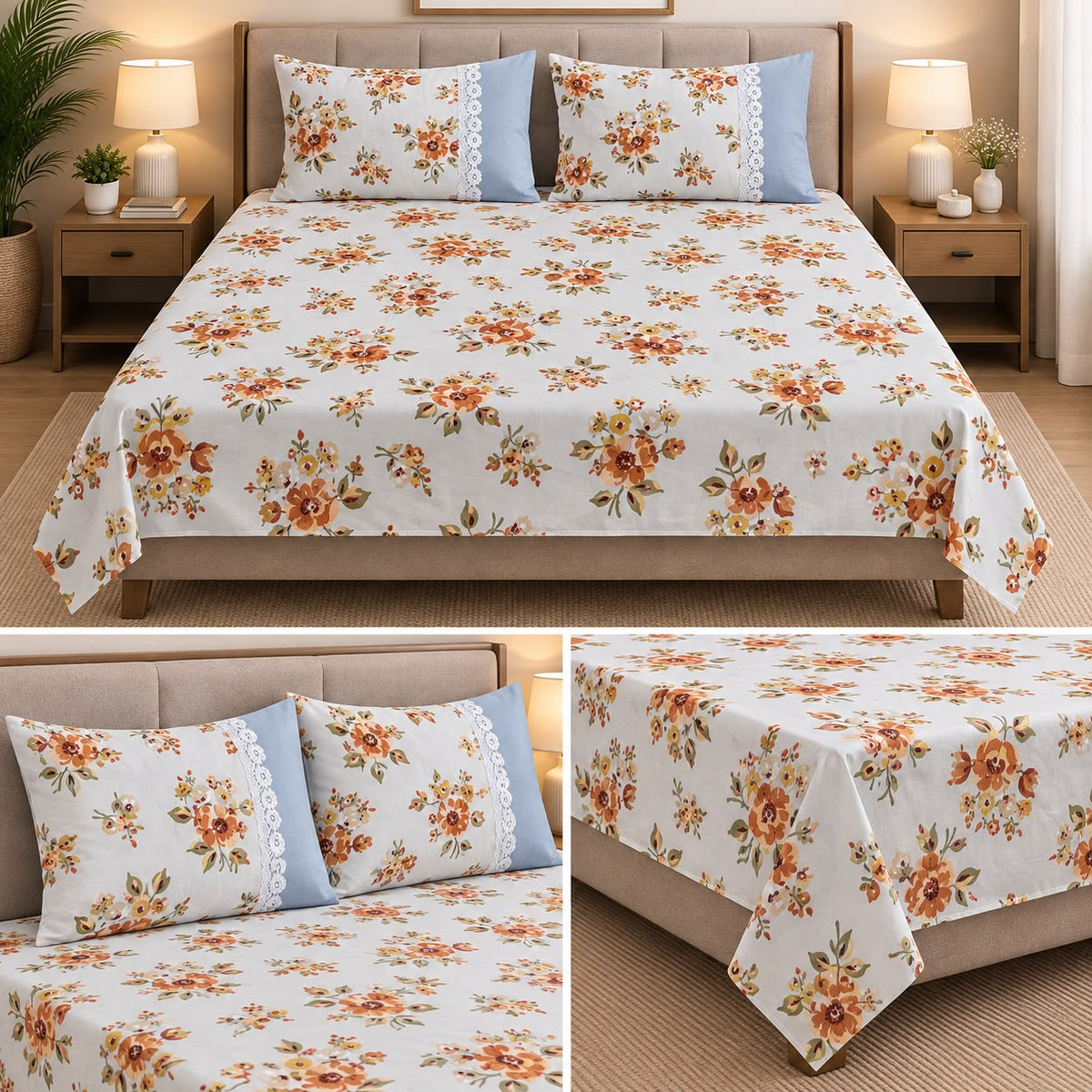 Harmony Bloom Floral King Size Bedsheet Set – 3 Piece