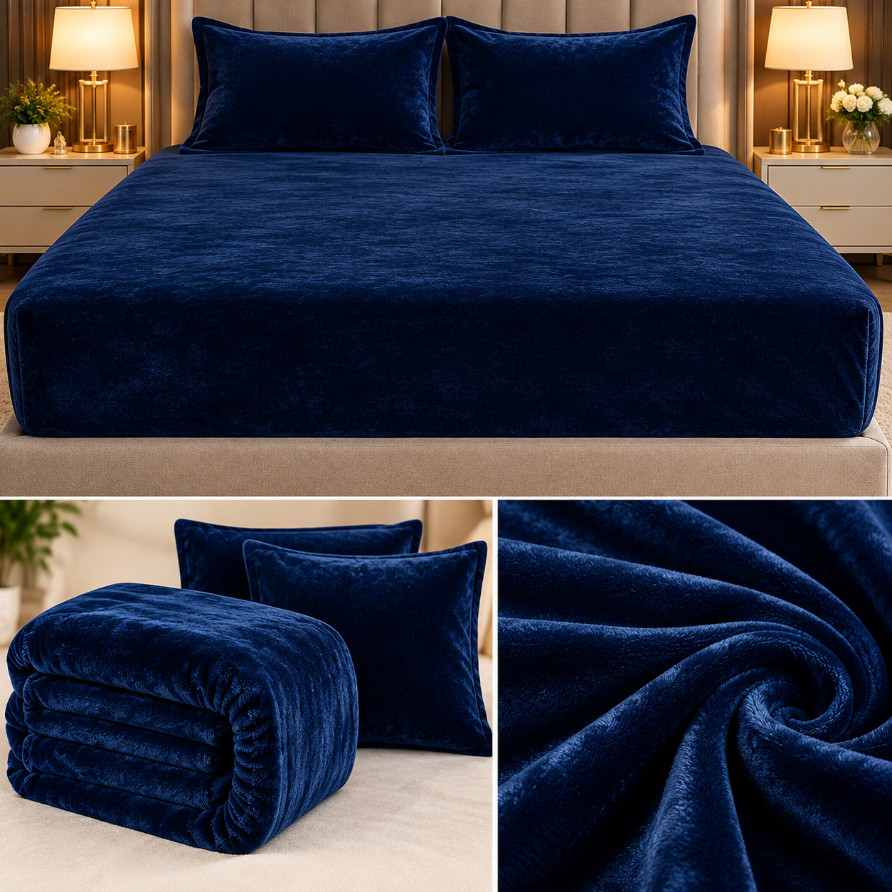 Luxe Dark Velvet Winter Fitted Bedsheet Set – King Size 3 Pcs