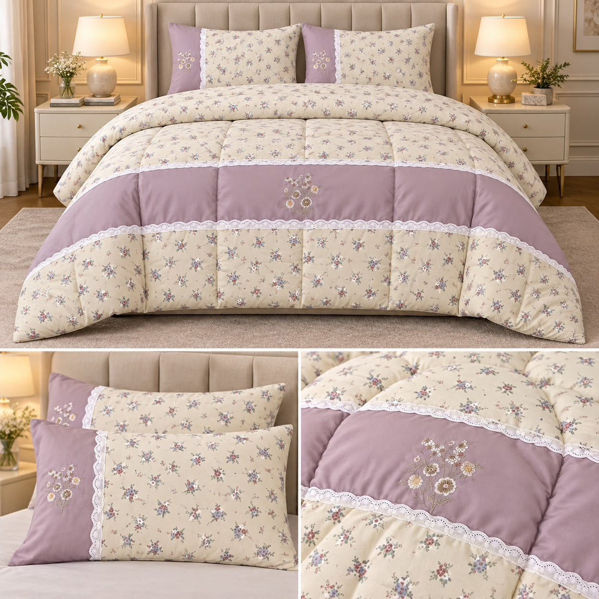 Blush Meadow Floral Lace 4 Pc King Comforter Set