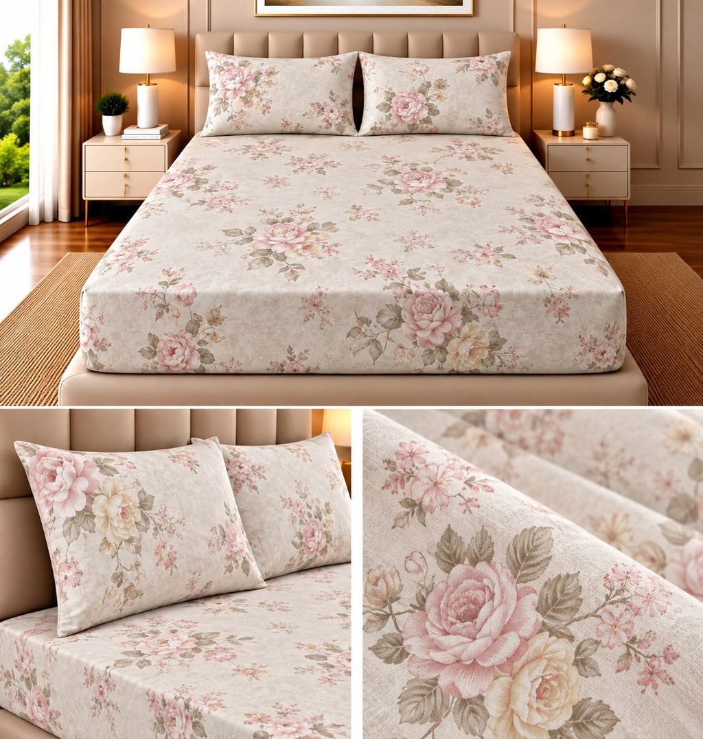 Elegance Pure Cotton King Size Fitted Bedsheet – 3 Piece Set with 2 Pillow Covers