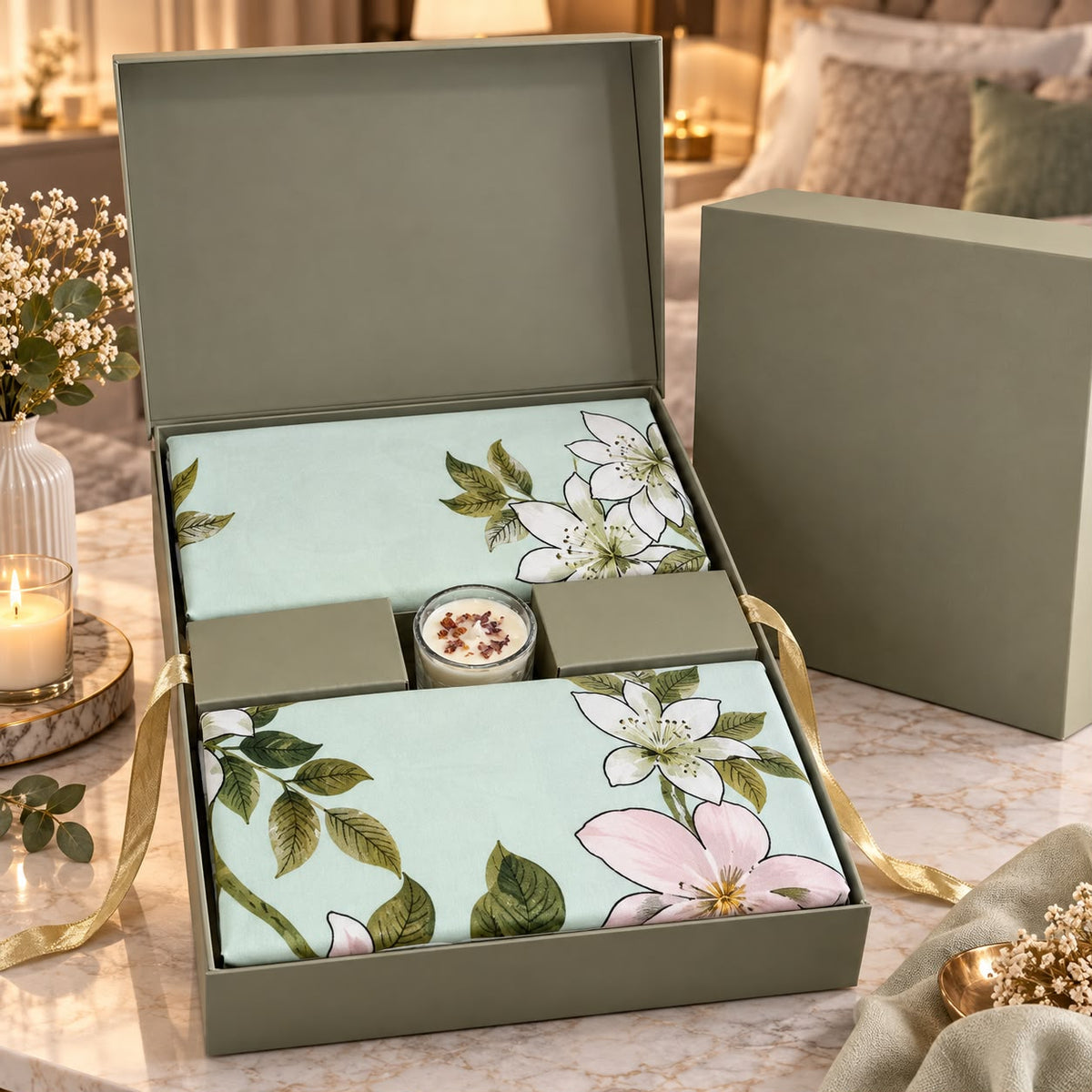 Premium Luxury Bedsheet Gift Box – 3 Piece King Size Bedsheet Set with Perfumed Candle