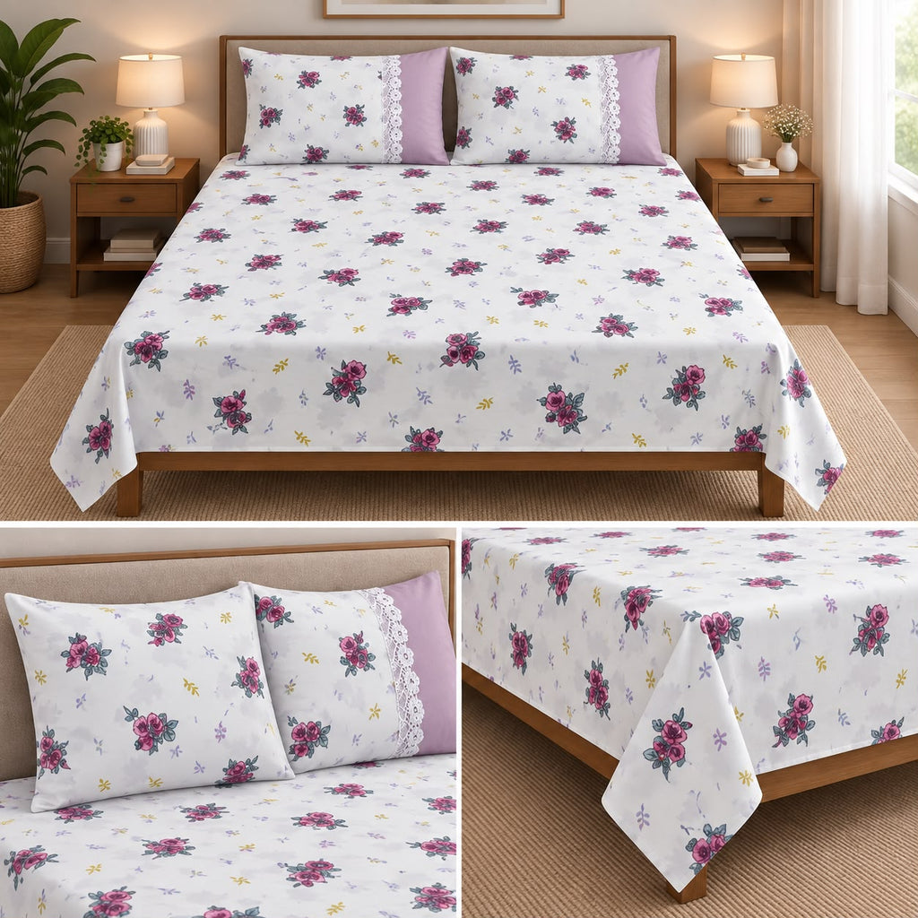 Harmony Bloom Floral King Size Bedsheet Set – 3 Piece