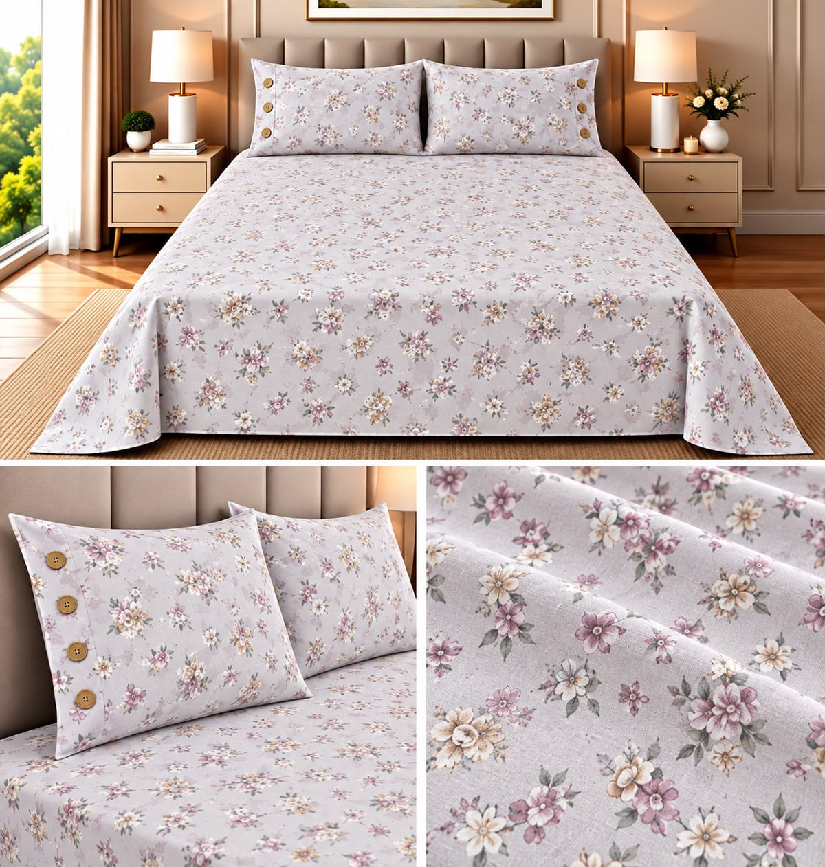 English Floral Cotton Bedsheet with 3-Button Pillow Covers – 2.5m × 2.7m