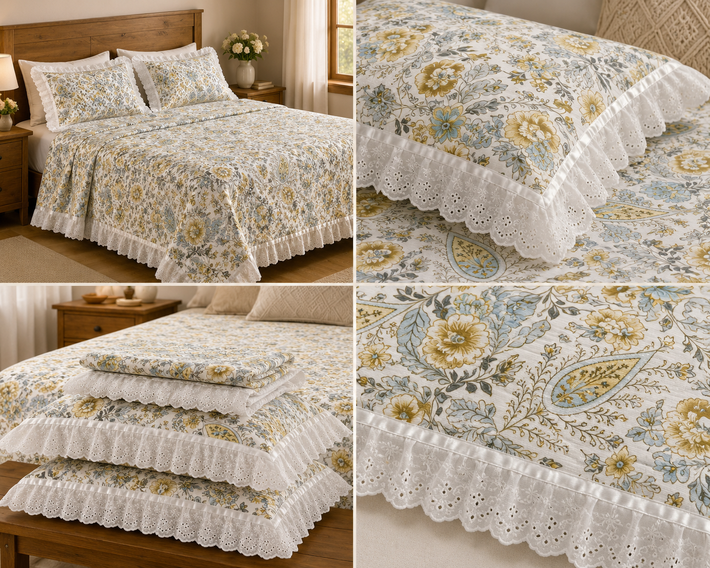 Floral King Size Bedsheet with Designer Lace Pillow Covers (108 x 108 Inches) Product Code:- 55B1150RKEH