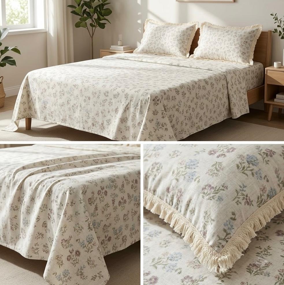 Designer Cotton Bedsheet Set with Elegant Tassel Fringe Pillow Covers – King Size (3 Pcs)
