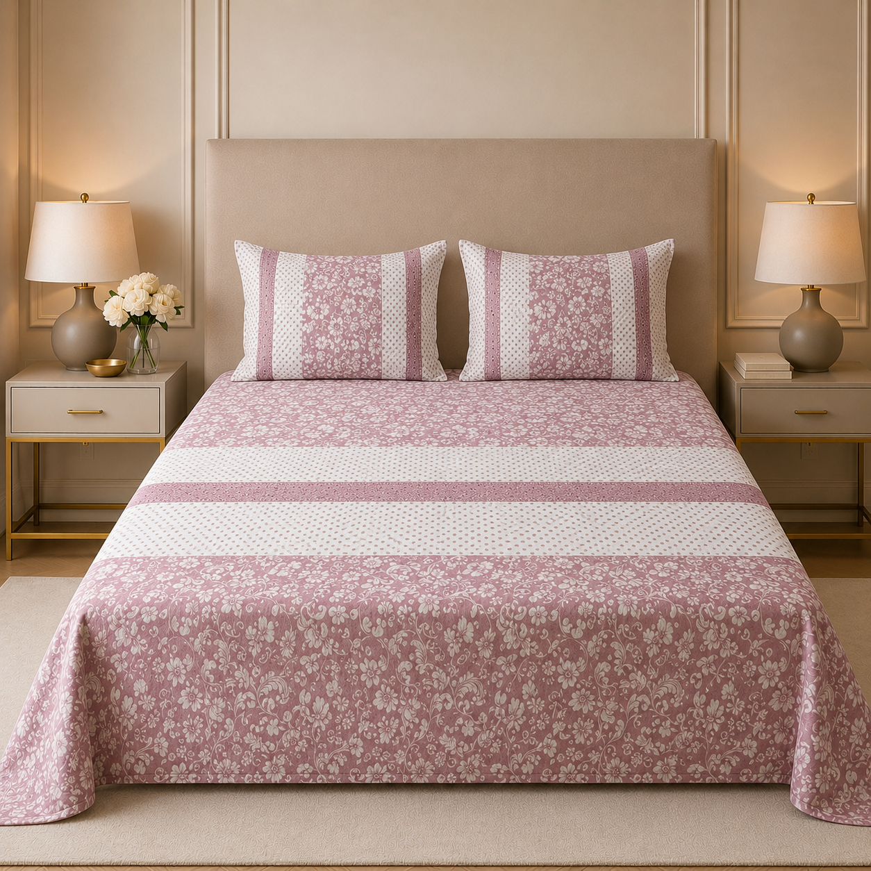 English Floral King Size Non - Quilted Bedcover– 108 × 108 Inches