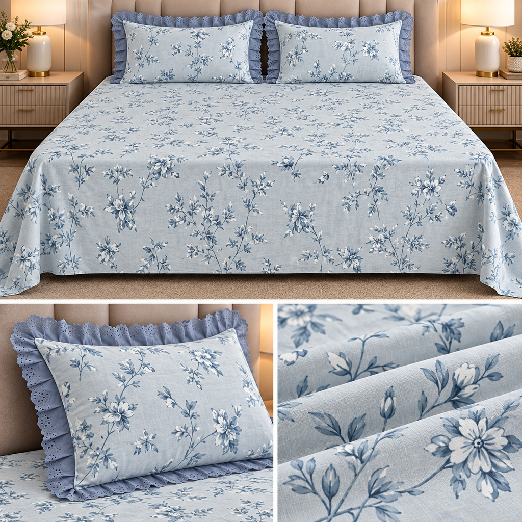 English Garden Premium Cotton Floral Bedsheet Set with Designer Lace Pillow Covers – 108 x 108 Inch