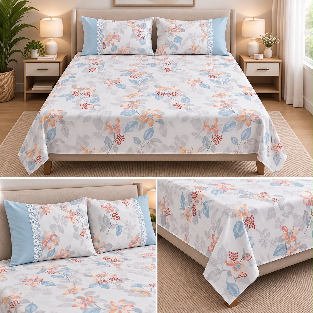 Harmony Bloom Floral King Size Bedsheet Set – 3 Piece
