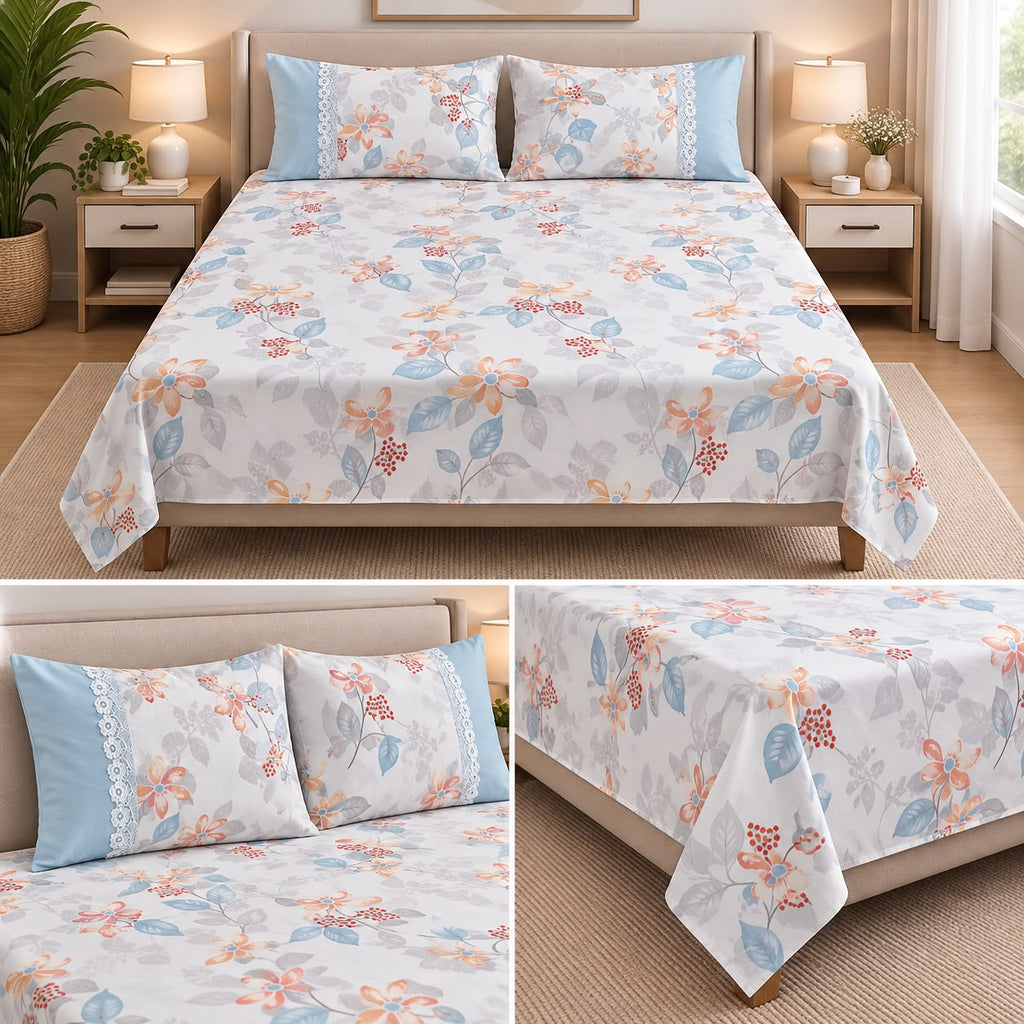 Harmony Bloom Floral King Size Bedsheet Set – 3 Piece