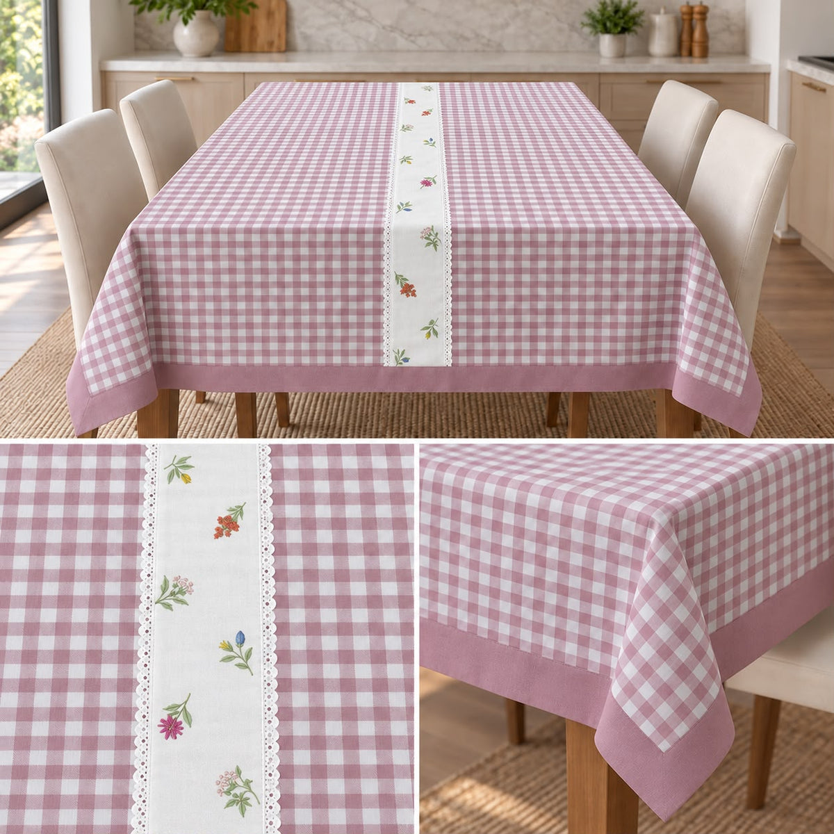 Blush Meadow Gingham Dining Table Cover – 4 Seater, 60 × 40 Inches