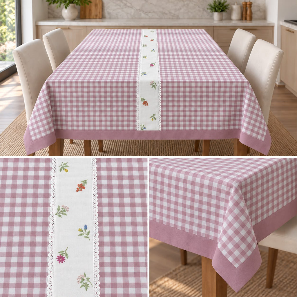 Blush Meadow Gingham Dining Table Cover – 6 Seater, 60 × 90 Inches