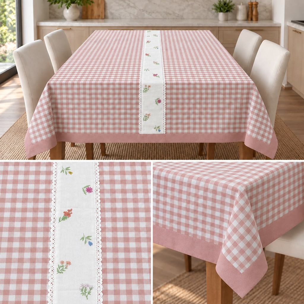 Blush Meadow Gingham Dining Table Cover – 4 Seater, 60 × 40 Inches