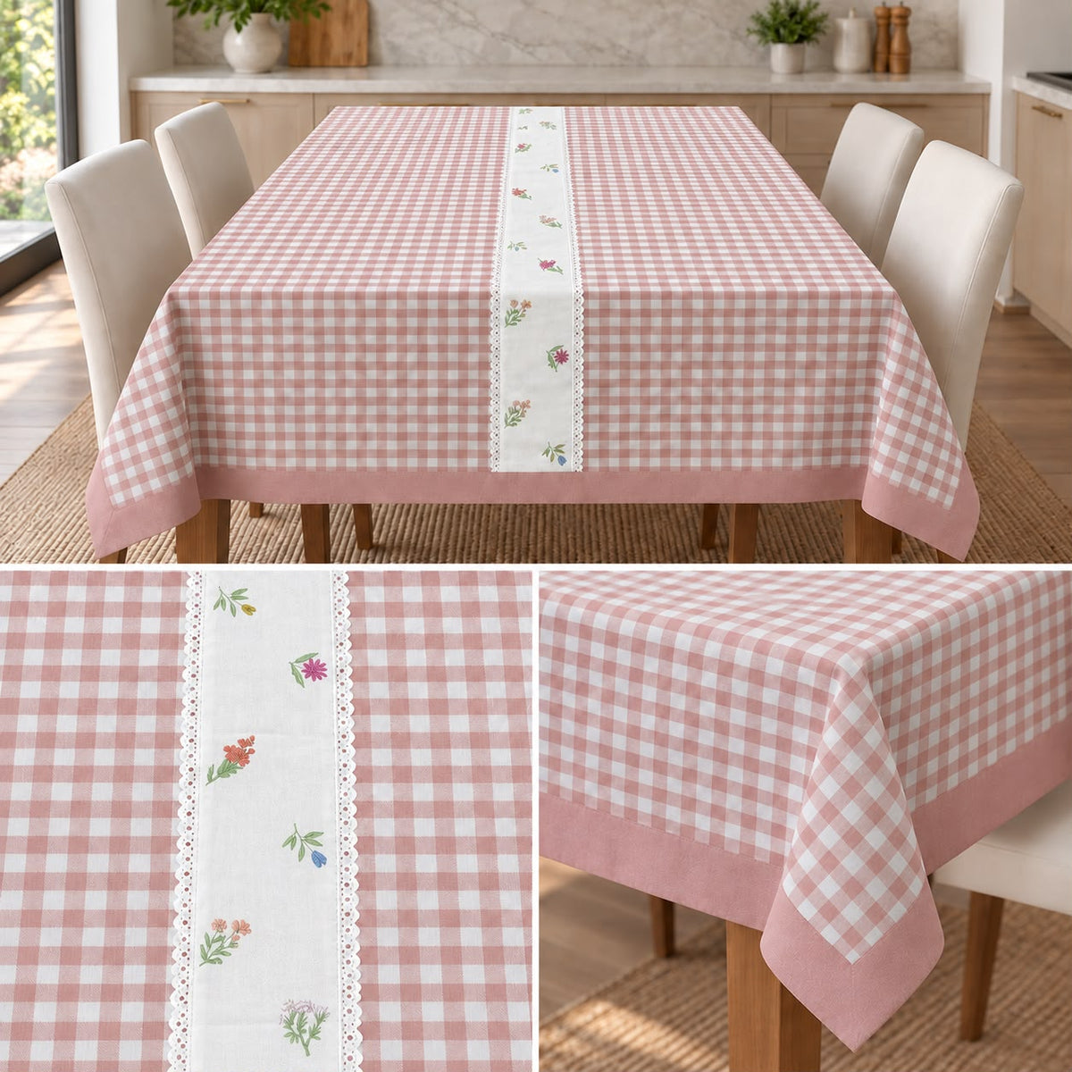 Blush Meadow Gingham Dining Table Cover – 4 Seater, 60 × 40 Inches
