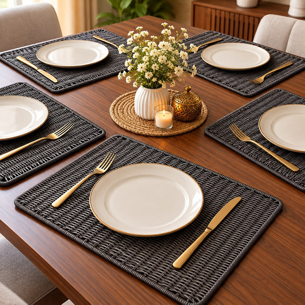 Turkish Wooden Woven Dining Table Mats – Set of 6 | Premium Black