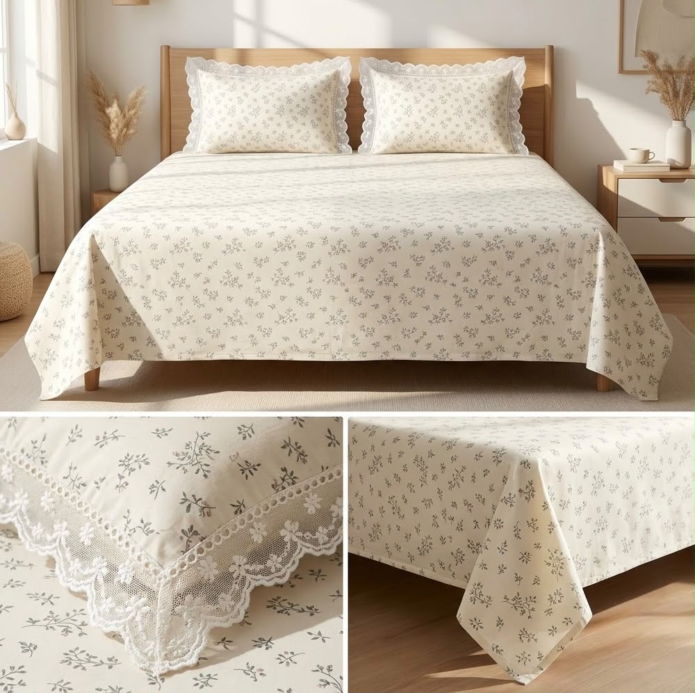 Premium 300 TC Pure Cotton Bedsheet Set with Designer Lace Pillow Covers – King Size 108 x 108 Inch