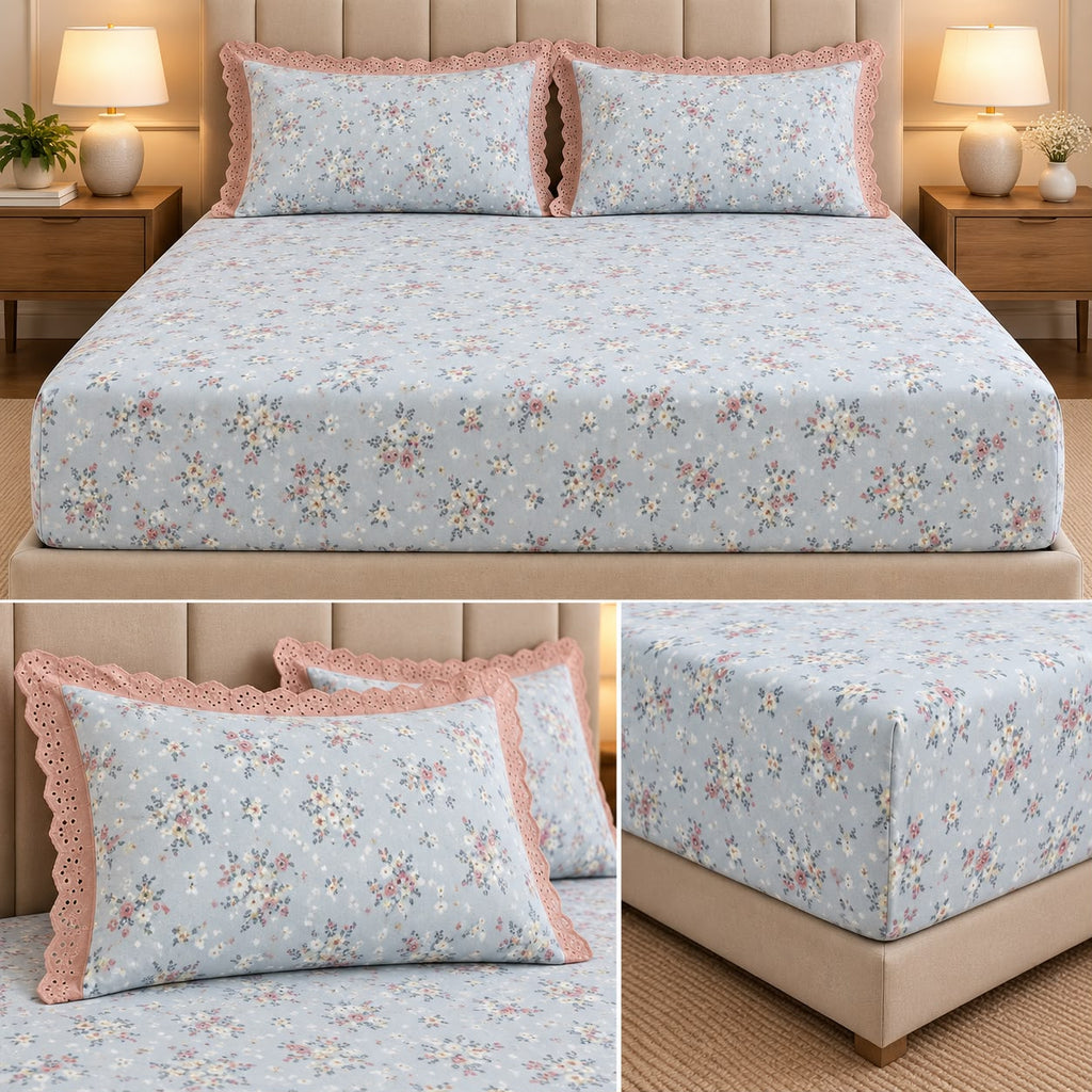 Vintage Bloom Fitted Bedsheet Set with Lace Pillow Covers – King Size 3 Pcs