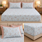 Vintage Bloom Fitted Bedsheet Set with Lace Pillow Covers – King Size 3 Pcs
