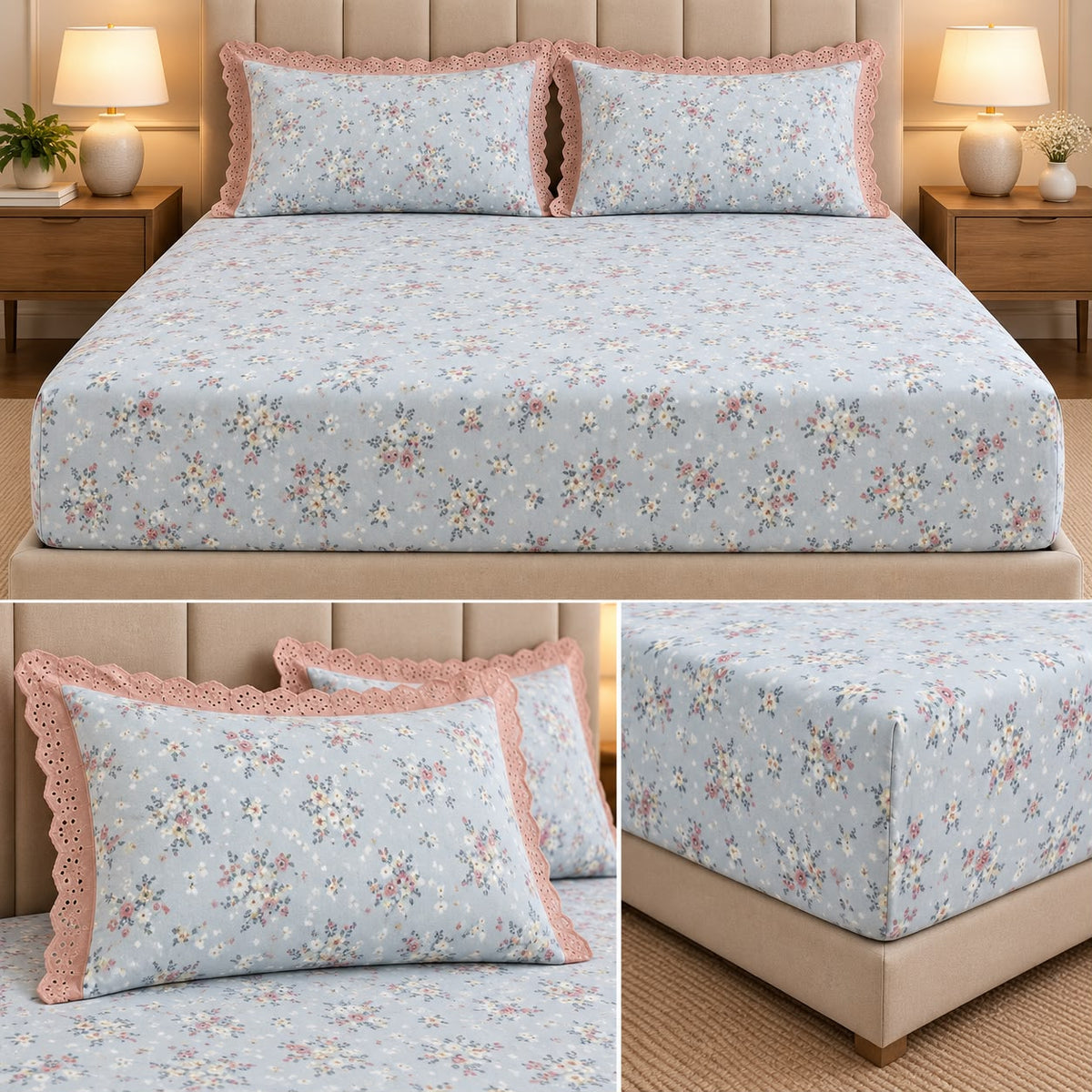 Vintage Bloom Fitted Bedsheet Set with Lace Pillow Covers – King Size 3 Pcs