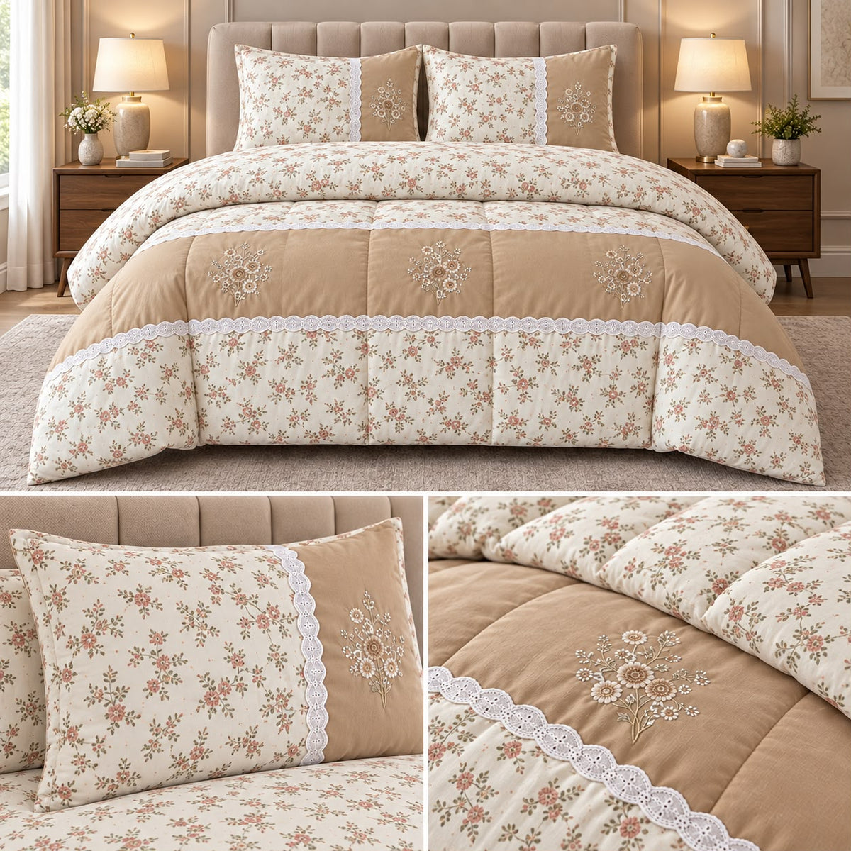 Blush Meadow Floral Lace 4 Pc King Comforter Set