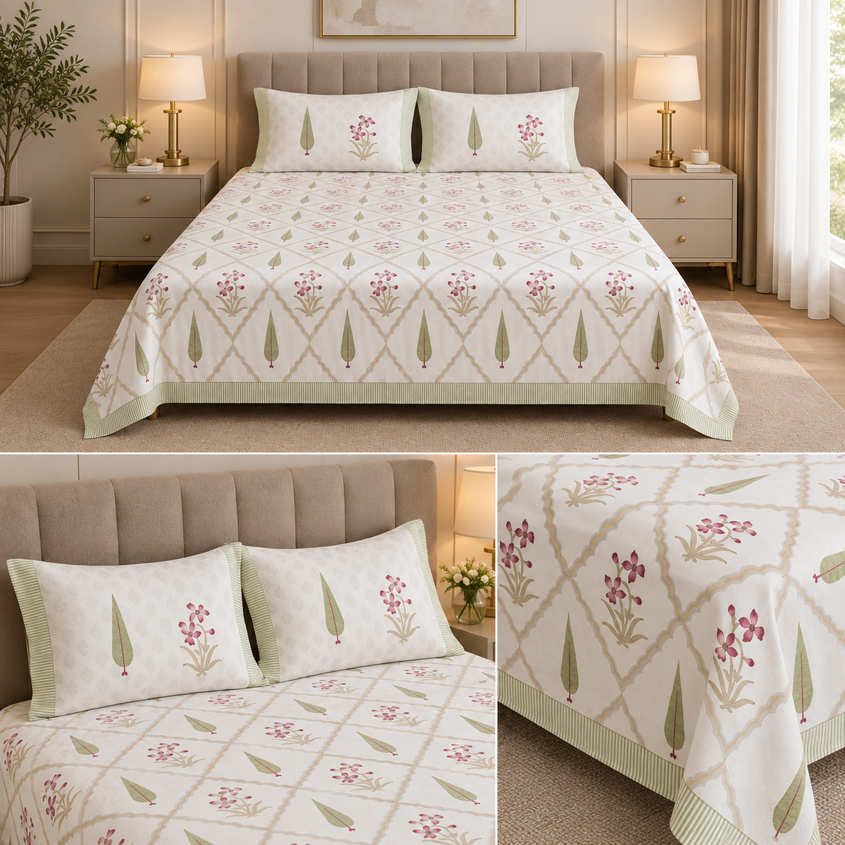 600 TC Percale Cotton Lily Design King Size Bedsheet – 108 × 108