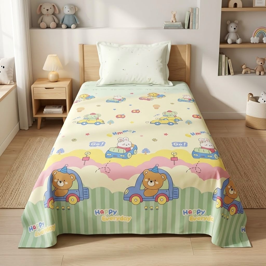 Premium Kids Cartoon Printed Single Bedsheet Set – 100 % Pure Cotton
