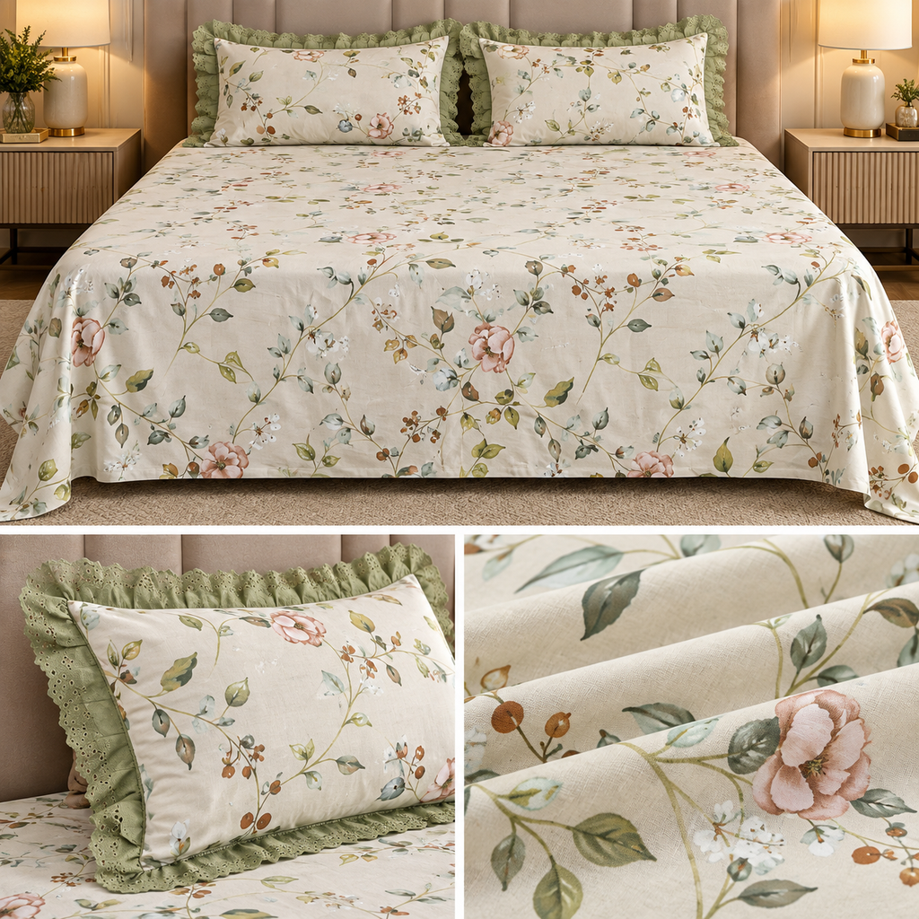 English Garden Premium Cotton Floral Bedsheet Set with Designer Lace Pillow Covers – 108 x 108 Inch