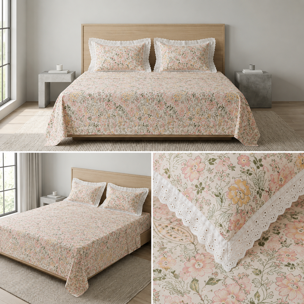 Floral King Size Bedsheet with Designer Lace Pillow Covers (108 x 108 Inches) Product Code:- 55B1150RKEH