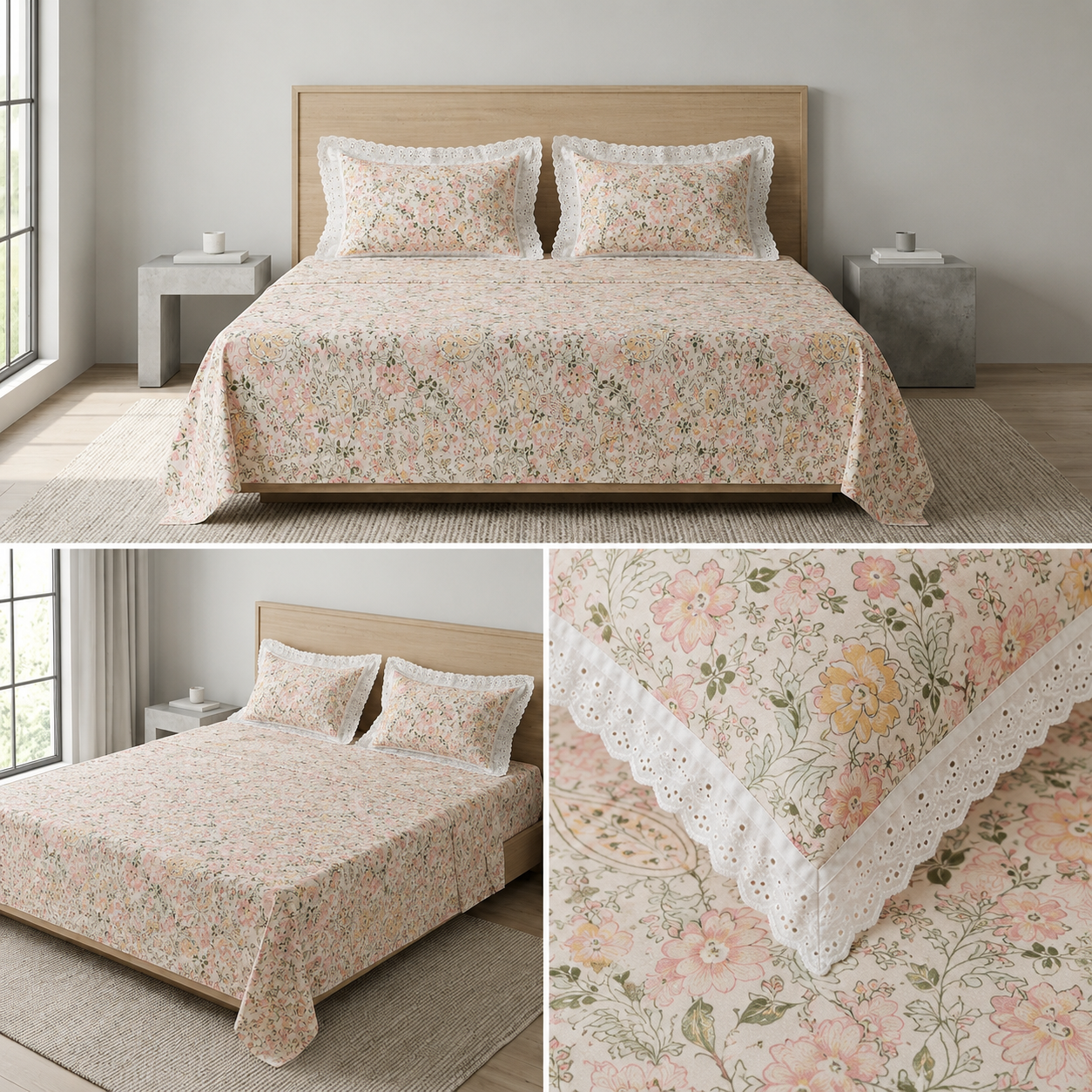 Floral King Size Bedsheet with Designer Lace Pillow Covers (108 x 108 Inches) Product Code:- 55B1150RKEH