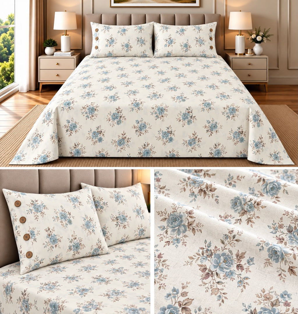 English Floral Cotton Bedsheet with 3-Button Pillow Covers – 2.5m × 2.7m