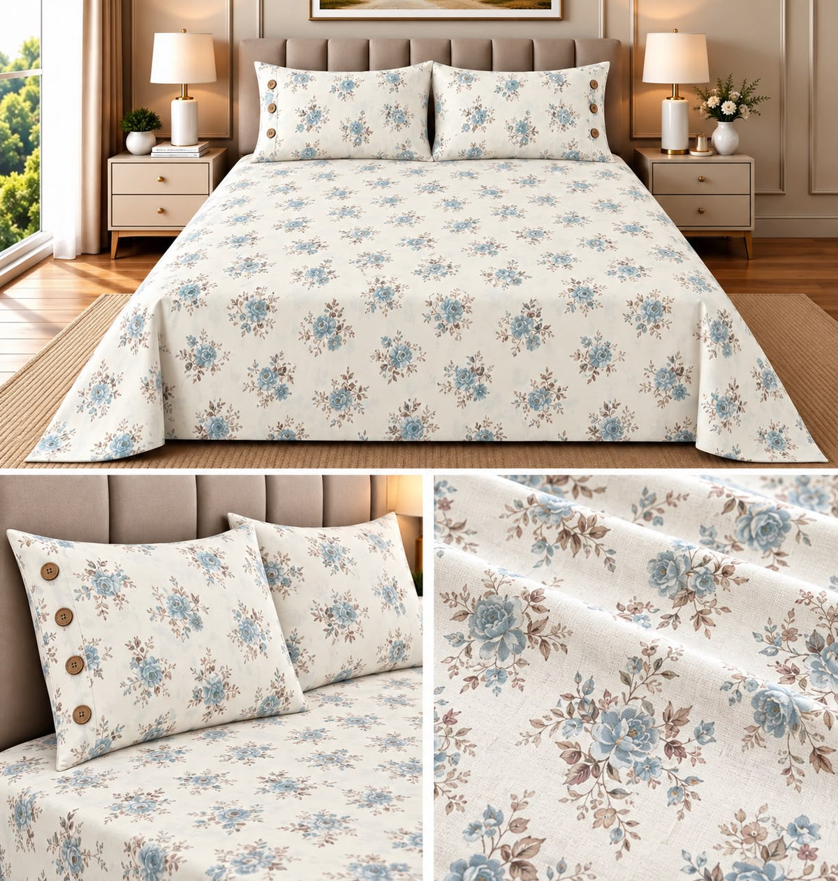 English Floral Cotton Bedsheet with 3-Button Pillow Covers – 2.5m × 2.7m