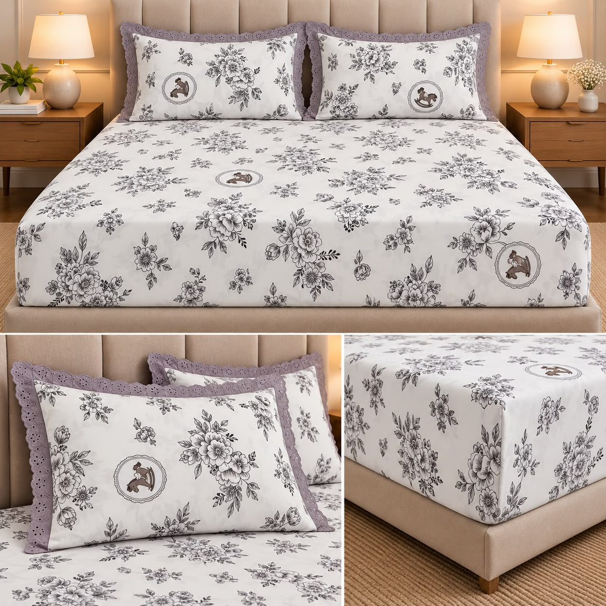 Vintage Bloom Fitted Bedsheet Set with Lace Pillow Covers – King Size 3 Pcs