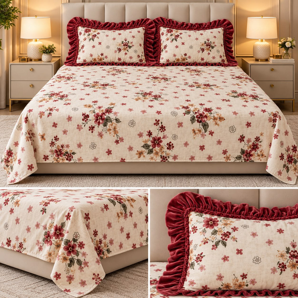 Vintage Bloom Premium Winter Bedsheet Set – 3 Pcs set Product Code :- 55B225RKEH