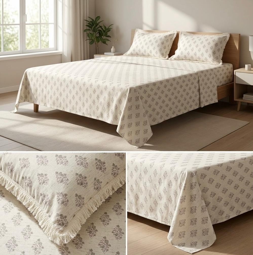 Designer Cotton Bedsheet Set with Elegant Tassel Fringe Pillow Covers – King Size (3 Pcs)