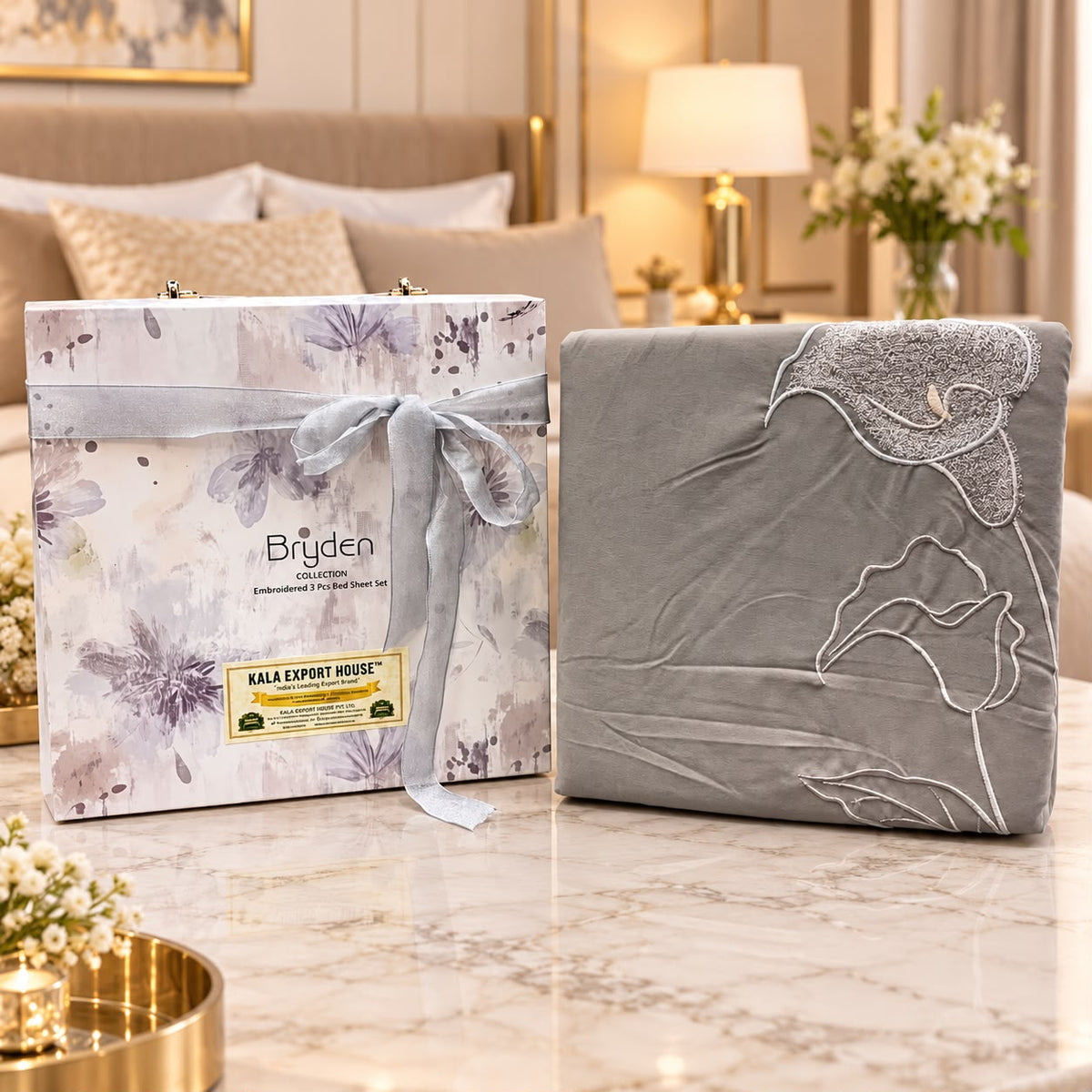 Moonlit Calla Luxe Embroidered Gift Box Bedsheet Set – 3 Pcs
