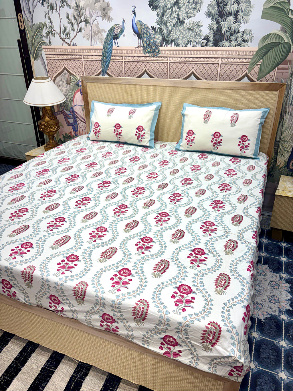 Block Prints Pure Cotton Printed Fitted Bedsheet Set with 2 Pillow Covers