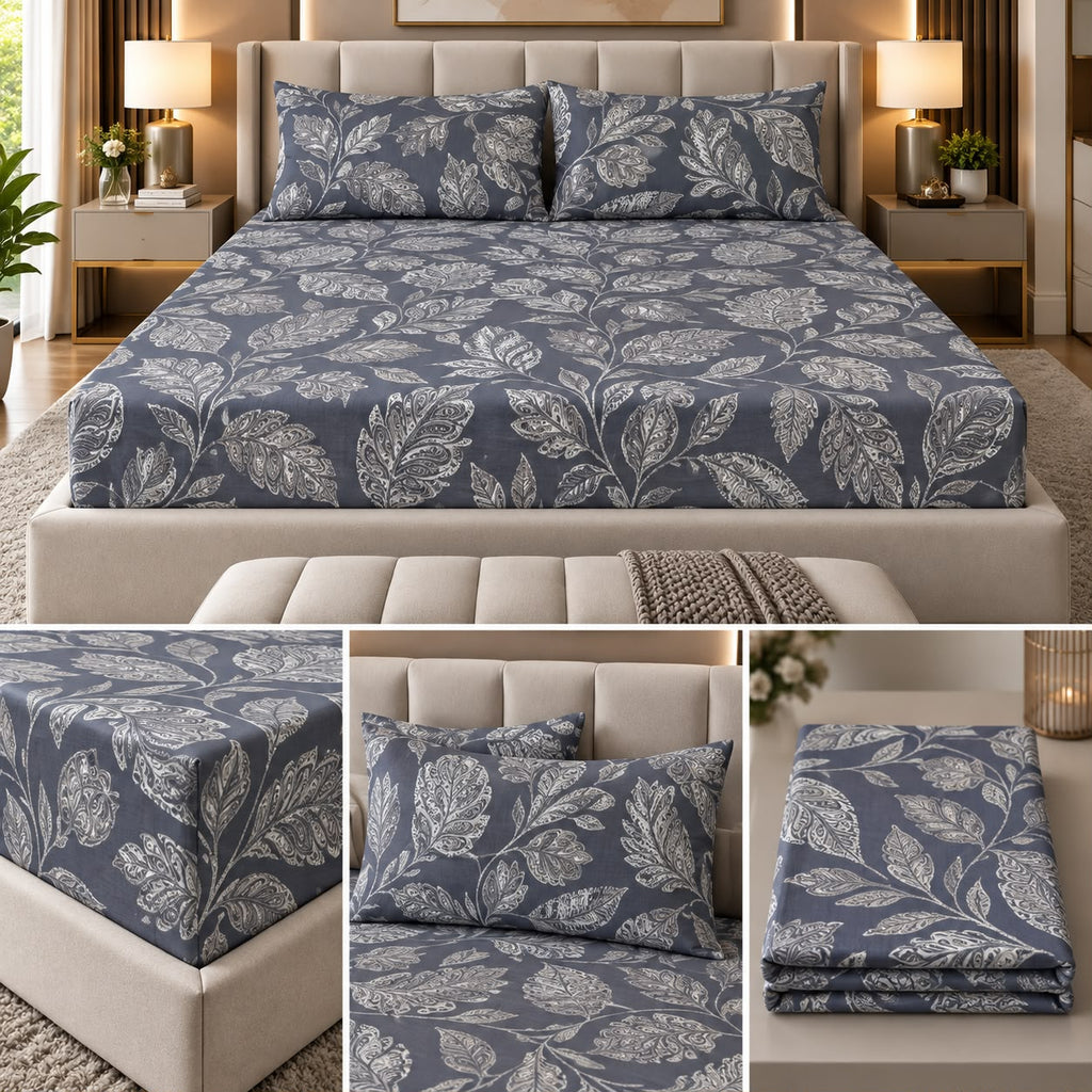 English Meadow 100% Cotton King Fitted Bedsheet – 3 Pcs Set