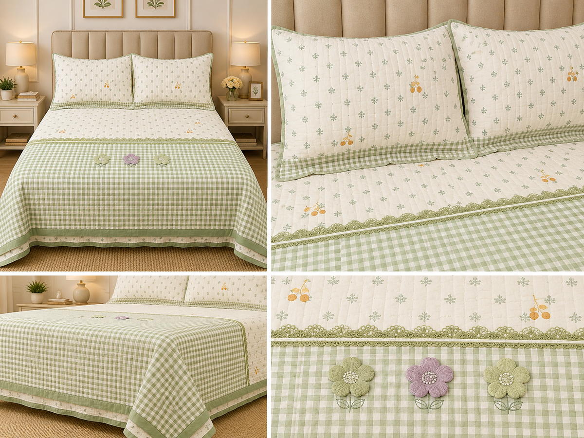 Gingham King Size Quilted Bedcover with 3 Beautiful 3D Floral Appliqué | Product Code :- 55B185RKEH
