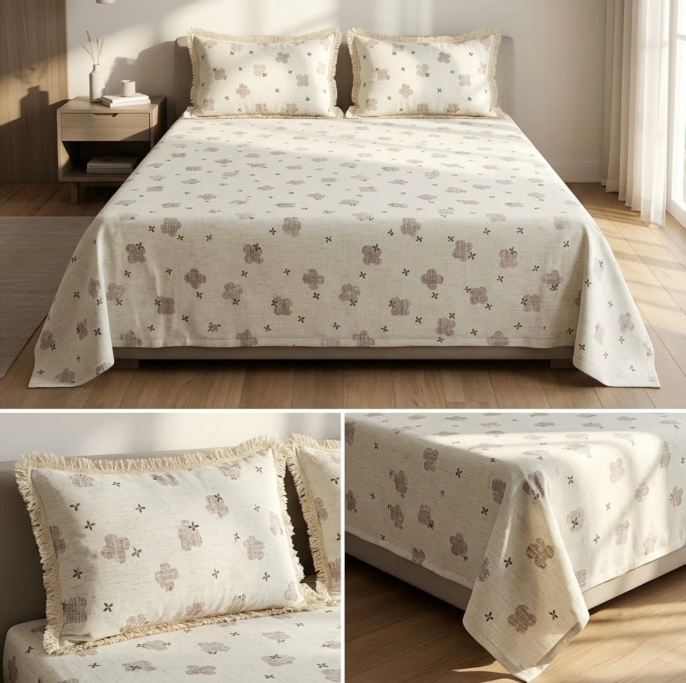 Designer Cotton Bedsheet Set with Elegant Tassel Fringe Pillow Covers – King Size (3 Pcs)