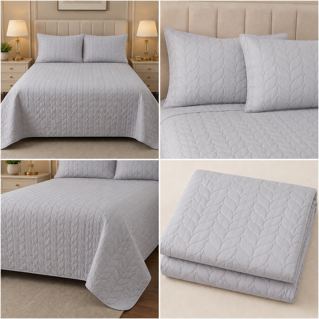 Plain King Size Quilted Bedcover with 2 Matching Pillow Covers – Elegant Leaf Stitch Design | Product Code :- 55B145RKEH