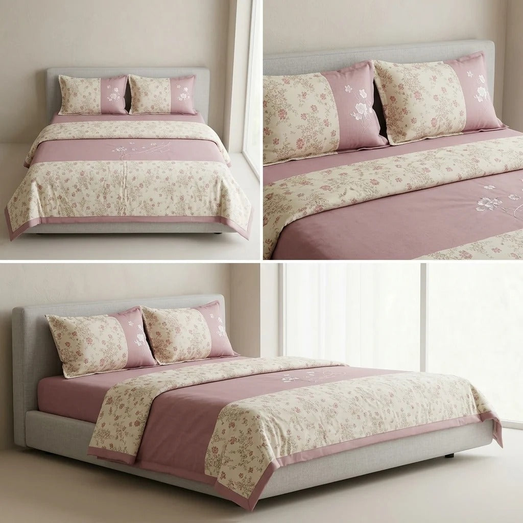 Serene Bloom Luxe Linen Cotton 4-Piece Comforter Set – Premium Embroidered Bedding Collection Product Code :- 55B525RKEH