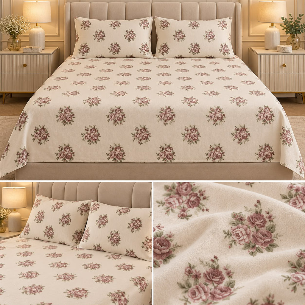 Premium English Garden Floral Winter Bedsheet Set – King Size 3 Pcs | Elegant Cotton Feel Designer Bedsheet