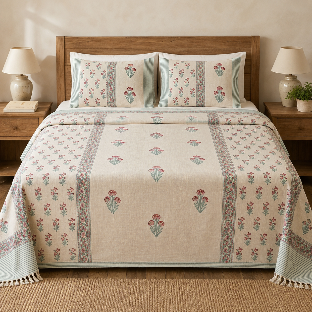 Khadi Cotton Bedcover with Tassels – King Size (100 × 108 Inches)