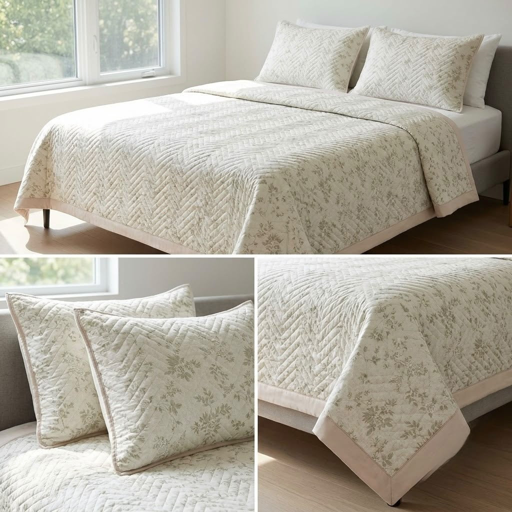 Luxury Floral Quilted Bedcover Set with Elegant Border Detailing – King Size (3 Pcs)