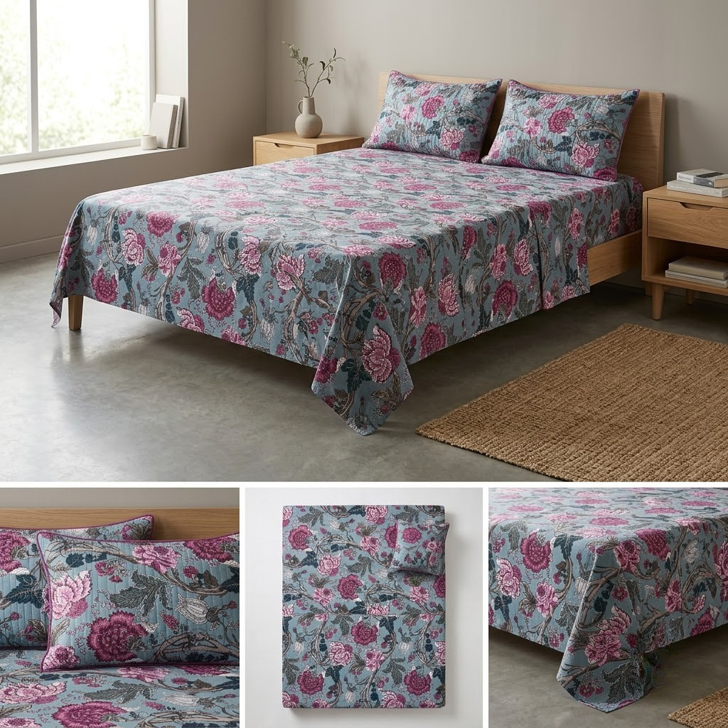 Premium Pure Cotton Bedsheet 90 × 108 Inches (7*9 Feet) Quilted Pillow Covers Product Code :- 55B75RKEH