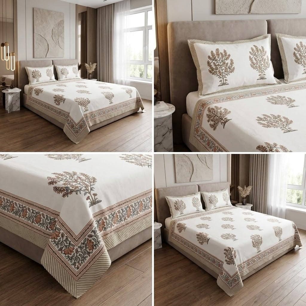 Heritage Block Print Cotton Bedsheet Set – King Size 3 Pcs