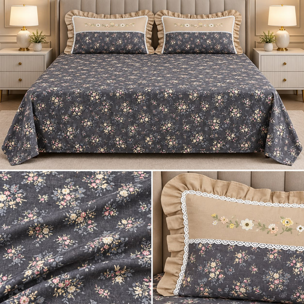 Blush Meadow Luxury Linen Bedsheet Set with Floral Embroidery & Lace Pillow Covers – King Size 3 Pcs