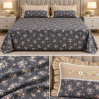 Blush Meadow Luxury Linen Bedsheet Set with Floral Embroidery & Lace Pillow Covers – King Size 3 Pcs